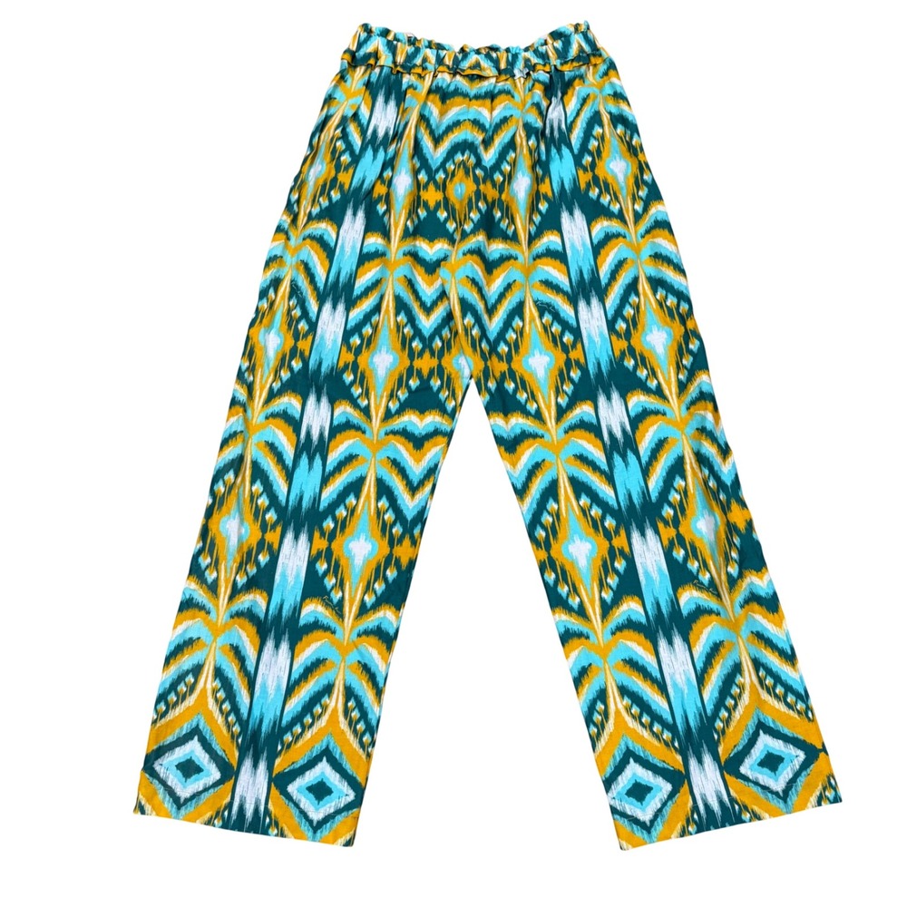 FARM Rio Tropical Tapestry Wide Leg Linen‎ Blend Pants Teal Yellow M Medium NWT - Picture 5 of 11